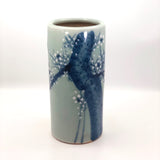 Japanese 1940s Tall Celadon Porcelain Vase with Blue Tree and Moriage Blossoms