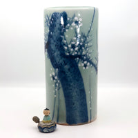 Japanese 1940s Tall Celadon Porcelain Vase with Blue Tree and Moriage Blossoms