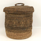 Antique Finely Handwoven Lidded and Lined Grass Sewing Basket
