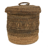 Antique Finely Handwoven Lidded and Lined Grass Sewing Basket