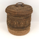 Antique Finely Handwoven Lidded and Lined Grass Sewing Basket