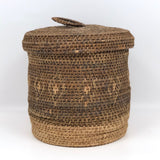 Antique Finely Handwoven Lidded and Lined Grass Sewing Basket