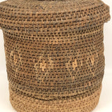 Antique Finely Handwoven Lidded and Lined Grass Sewing Basket