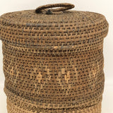 Antique Finely Handwoven Lidded and Lined Grass Sewing Basket