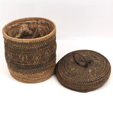 Antique Finely Handwoven Lidded and Lined Grass Sewing Basket