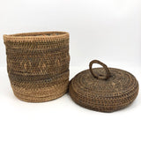 Antique Finely Handwoven Lidded and Lined Grass Sewing Basket
