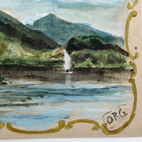 British Hand-painted Lake Landscape Postcard with Gold Painted Frame, c. 1910