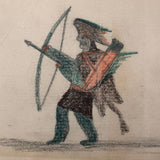 Old Naive Drawing of Native American Warrior with Bow and Arrow