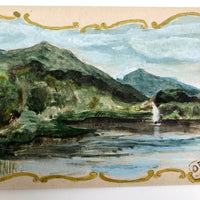 British Hand-painted Lake Landscape Postcard with Gold Painted Frame, c. 1910