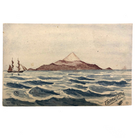 Hand-painted Antique Watercolor Postcard: Seascape with Mountain and Ships