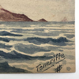 Hand-painted Antique Watercolor Postcard: Seascape with Mountain and Ships