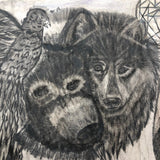 Wolf, Bear, Raven and Dreamcatcher Vintage Graphite Drawing, with Glitter!