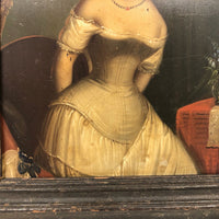 SOLD Woman and Bird, Very Finely Done Small 19th C. Oil on Tin Boudoir Painting