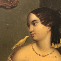 SOLD Woman and Bird, Very Finely Done Small 19th C. Oil on Tin Boudoir Painting