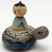 Charming Vintage Japanese Hand-painted Kokeshi-type Boy on Turtle