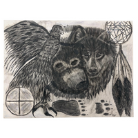 Wolf, Bear, Raven and Dreamcatcher Vintage Graphite Drawing, with Glitter!