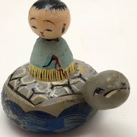 Charming Vintage Japanese Hand-painted Kokeshi-type Boy on Turtle