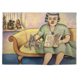 Woman in Green Dress with Dog, Vintage Watercolor Signed E.B. Mae Bryde