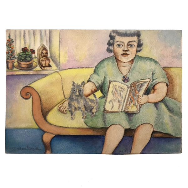 Woman in Green Dress with Dog, Vintage Watercolor Signed E.B. Mae Bryde