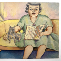 Woman in Green Dress with Dog, Vintage Watercolor Signed E.B. Mae Bryde