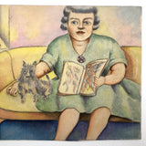 Woman in Green Dress with Dog, Vintage Watercolor Signed E.B. Mae Bryde