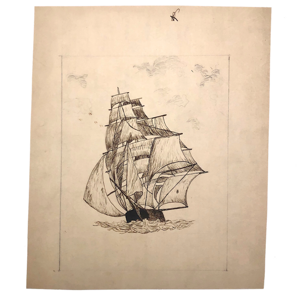 Two Late 19th C. Boston Pen and Ink Clipper Ship Drawings on Ledger Paper