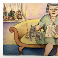 Woman in Green Dress with Dog, Vintage Watercolor Signed E.B. Mae Bryde