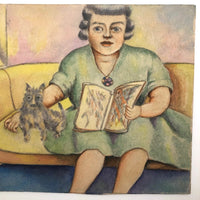 Woman in Green Dress with Dog, Vintage Watercolor Signed E.B. Mae Bryde