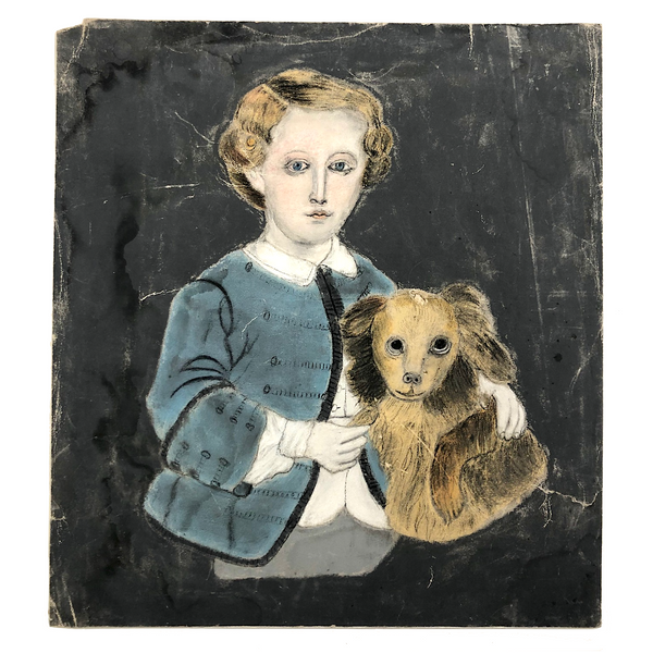 Boy with Dog 19th Century Folk Art "Sandpaper" Painting