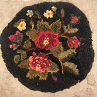 Antique Roundish Hooked Wool Roses on Linen