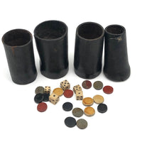 Antique Handmade Leather Dice Cups with Bone Die and Hand-Carved Chips