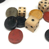 Antique Handmade Leather Dice Cups with Bone Die and Hand-Carved Chips