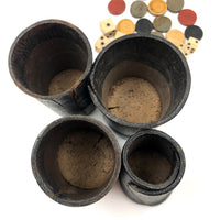 Antique Handmade Leather Dice Cups with Bone Die and Hand-Carved Chips