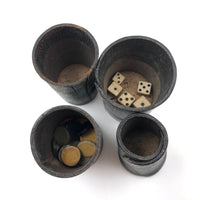 Antique Handmade Leather Dice Cups with Bone Die and Hand-Carved Chips