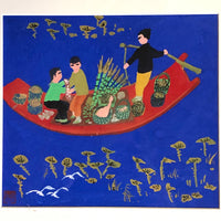 Vintage Gouache on Paper Southeast Asian Painting of Floating Market Boat