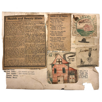 Early 1900s Scrapbook Page with Great Red House Drawing and More