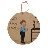 Antique Folk Art Painting on Cardboard of Boy's "First Attempt" at Shaving