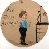 Antique Folk Art Painting on Cardboard of Boy's "First Attempt" at Shaving
