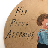Antique Folk Art Painting on Cardboard of Boy's "First Attempt" at Shaving