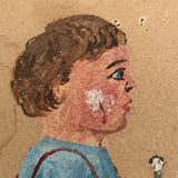 Antique Folk Art Painting on Cardboard of Boy's "First Attempt" at Shaving