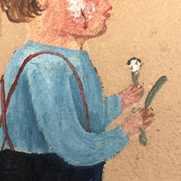 Antique Folk Art Painting on Cardboard of Boy's "First Attempt" at Shaving