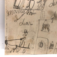 SOLD Marvelous Antique Naive Graphite Drawing with Figures and Horses and Houses