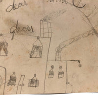 SOLD Marvelous Antique Naive Graphite Drawing with Figures and Horses and Houses