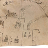 SOLD Marvelous Antique Naive Graphite Drawing with Figures and Horses and Houses