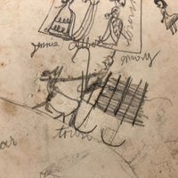 SOLD Marvelous Antique Naive Graphite Drawing with Figures and Horses and Houses