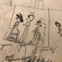 SOLD Marvelous Antique Naive Graphite Drawing with Figures and Horses and Houses