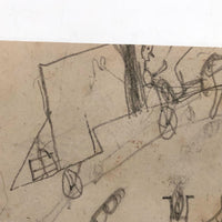 SOLD Marvelous Antique Naive Graphite Drawing with Figures and Horses and Houses