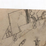 SOLD Marvelous Antique Naive Graphite Drawing with Figures and Horses and Houses