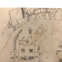 SOLD Marvelous Antique Naive Graphite Drawing with Figures and Horses and Houses