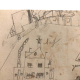 SOLD Marvelous Antique Naive Graphite Drawing with Figures and Horses and Houses